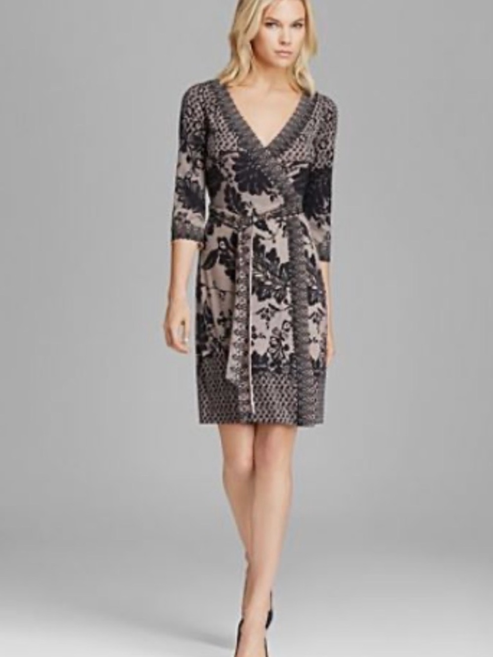 Diane Von Furstenberg Black Floral Print Grey Long-Sleeve Wrap Dress